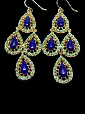 Sterling Vermeille Pierced Earrings Dangling Blue and Aqua Teardrops Hook Wire